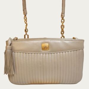 Vintage Anne Klein Beige Crossbody Bag with Gold Details, Wristlet and Key Chain